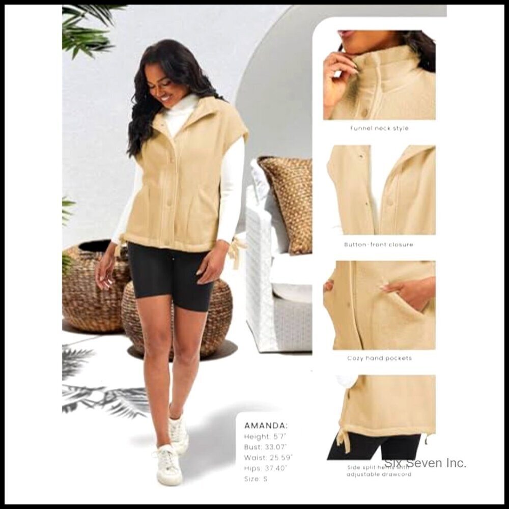 Sherpa Fleece Vest Oversized Boxy Silhouette Casual Warm Button Front Pockets - Picture 6 of 7